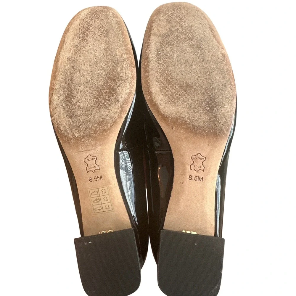 Tory Burch Gigi Black Patent Leather Block Heel Pumps Gold Logo Size 8.5